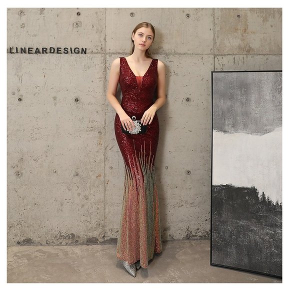 Red & Gold Sequin Dress Glitter Dress Formal Evening Gown Floor Length Ball Gown - Picture 11 of 12